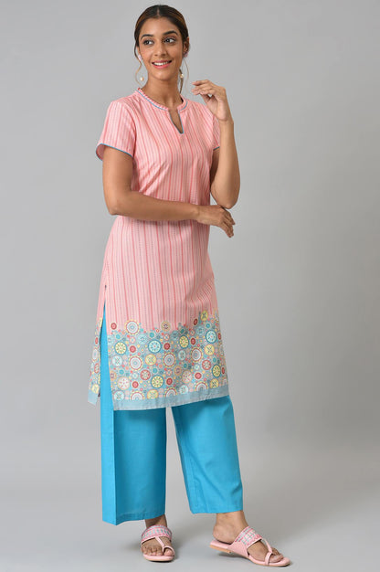 Peach Printed kurta With Blue Palazzos