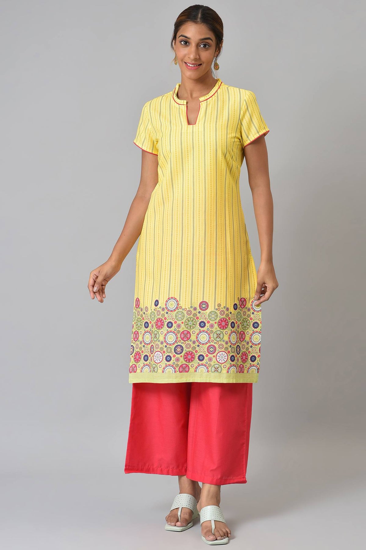 Yellow Printed kurta With Red Palazzos - XS