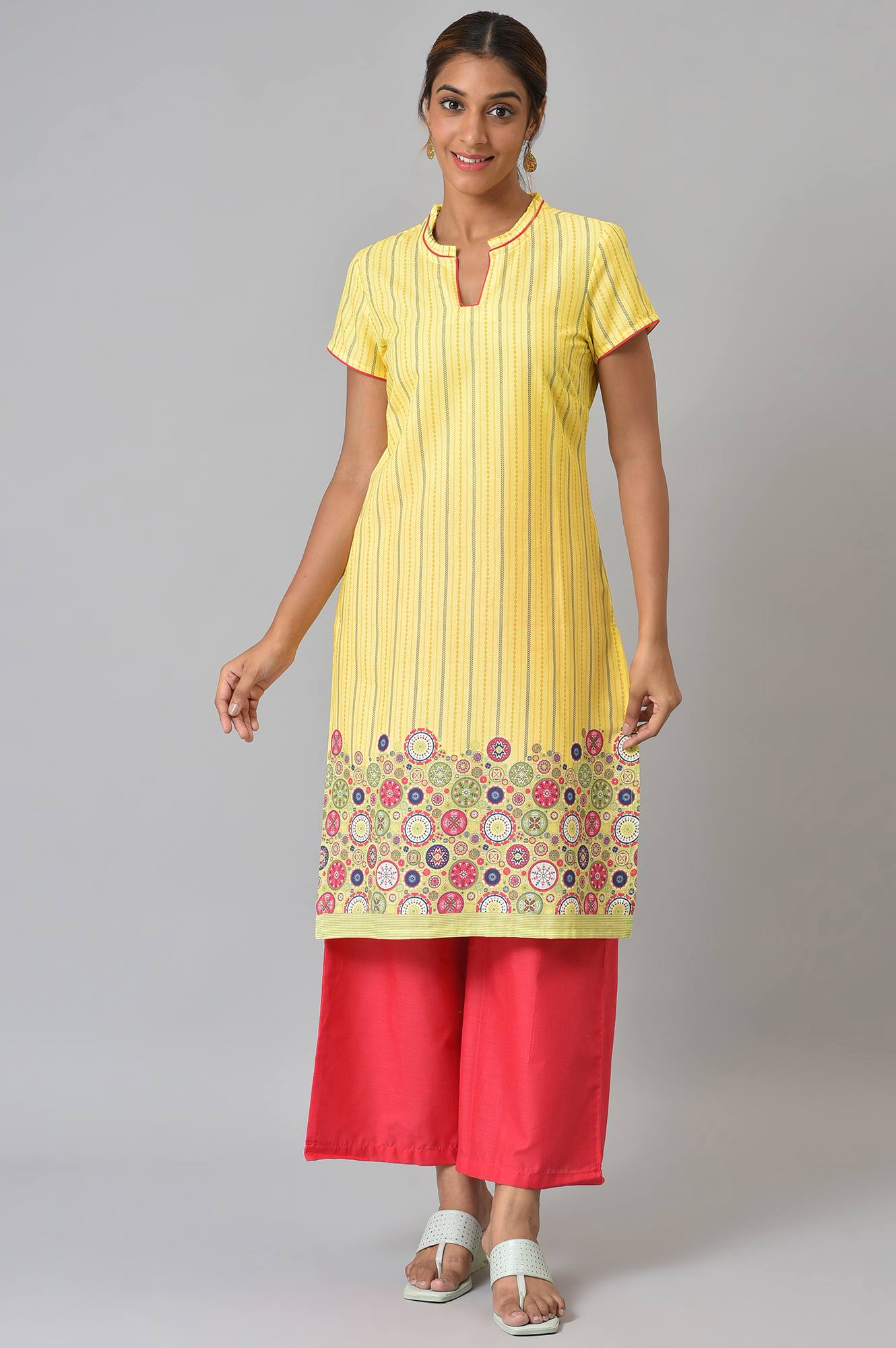 Yellow Printed kurta With Red Palazzos