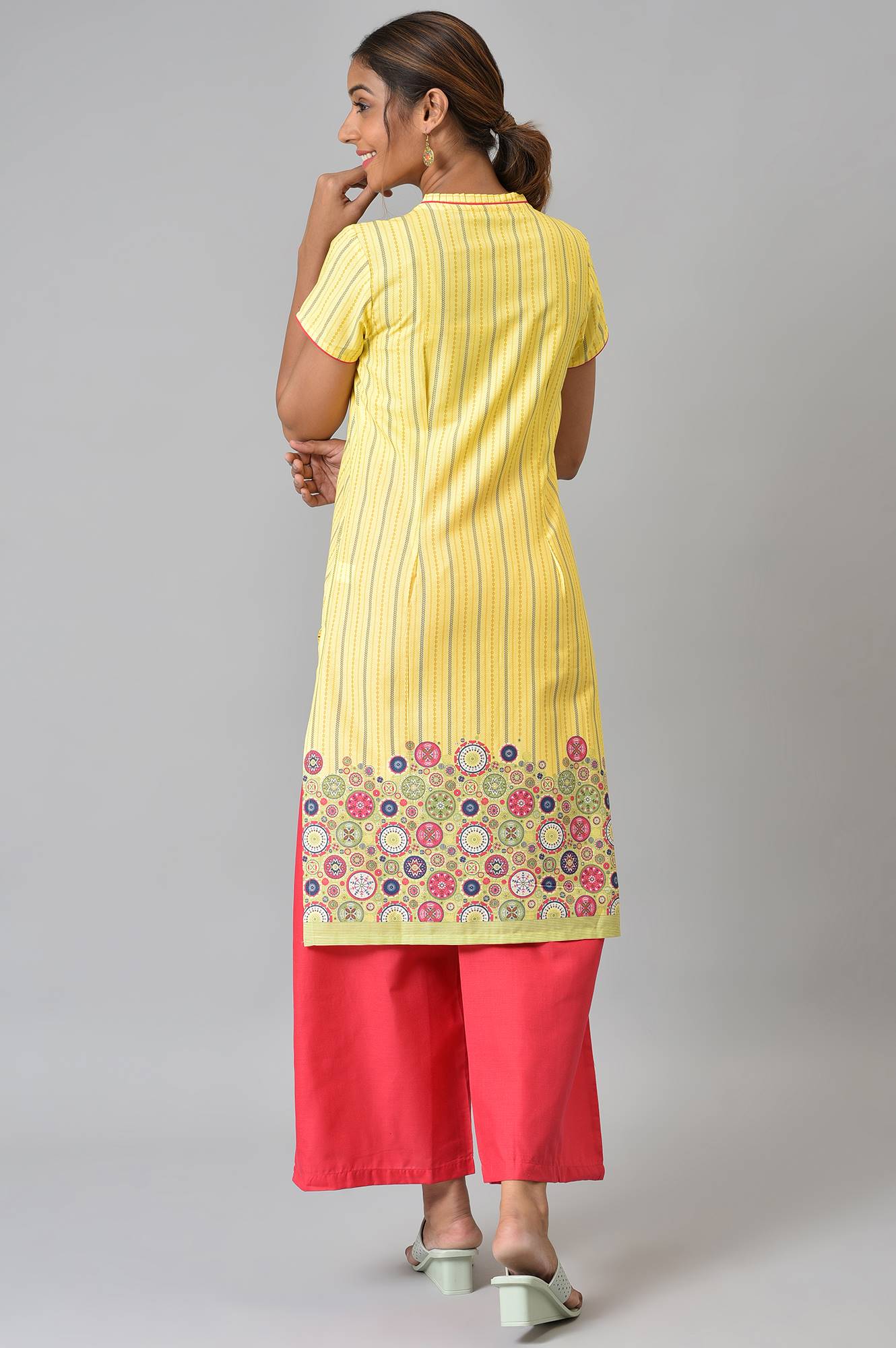 Yellow Printed kurta With Red Palazzos