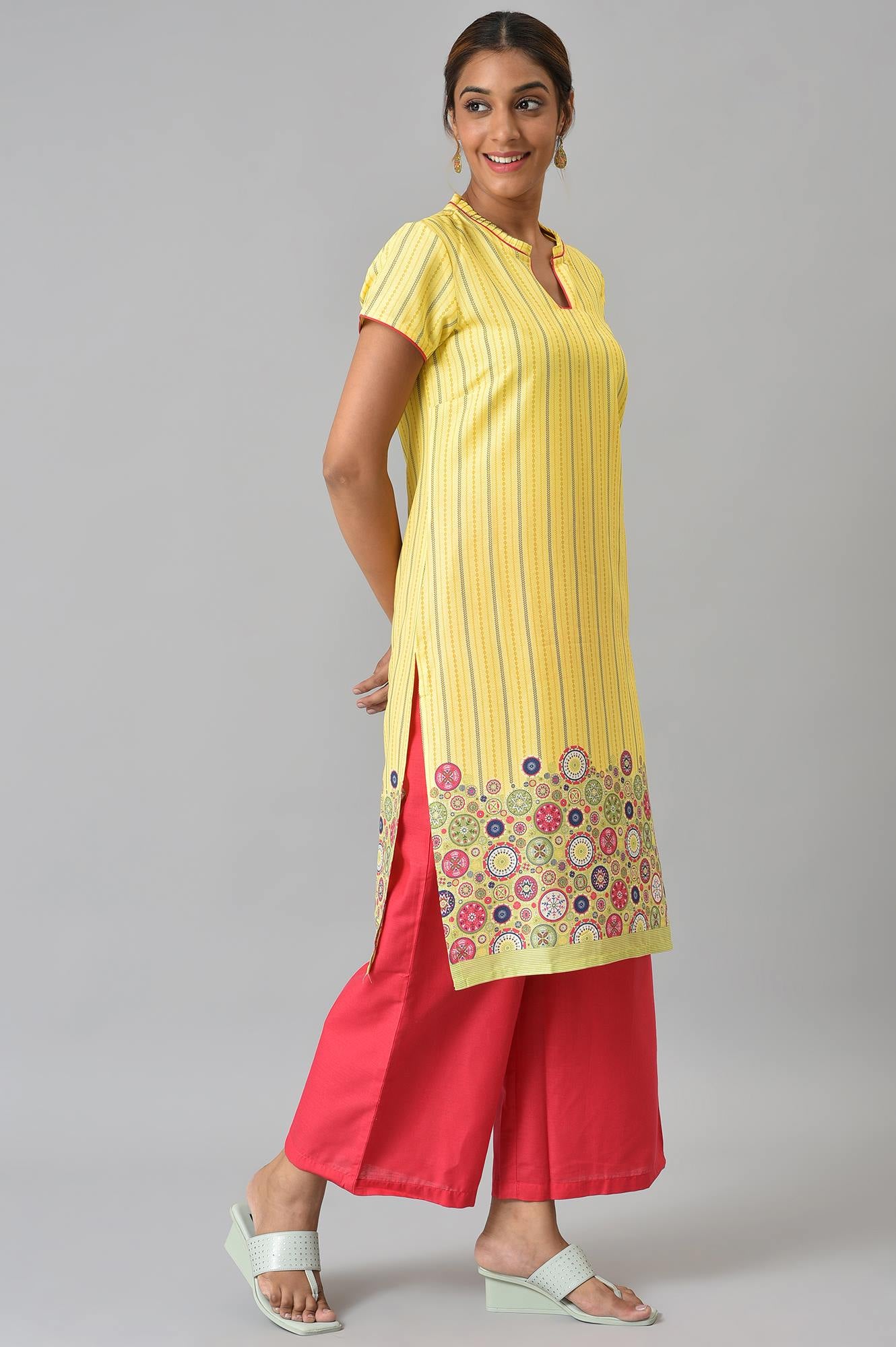 Yellow Printed kurta With Red Palazzos