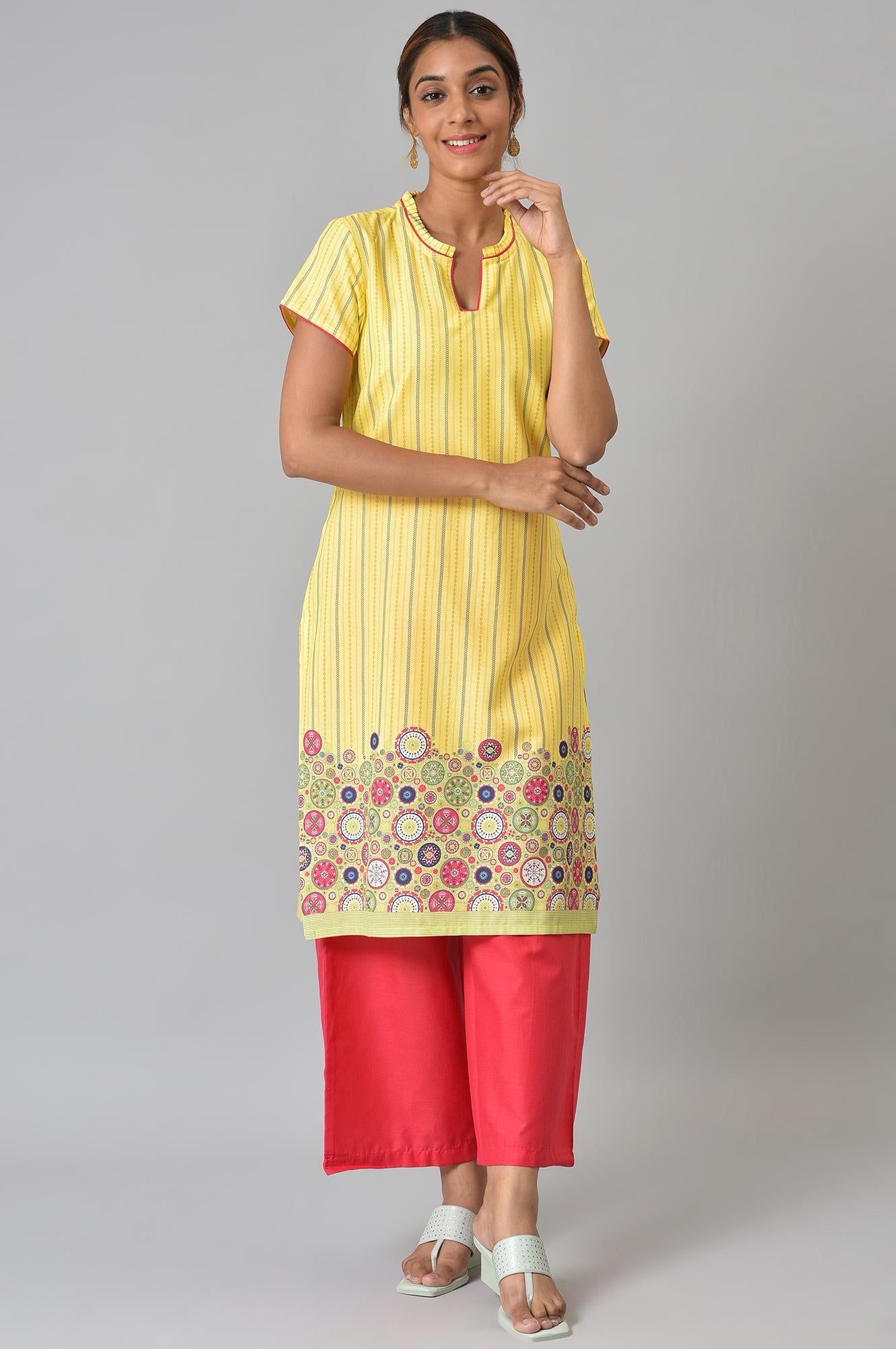 Yellow Printed kurta With Red Palazzos