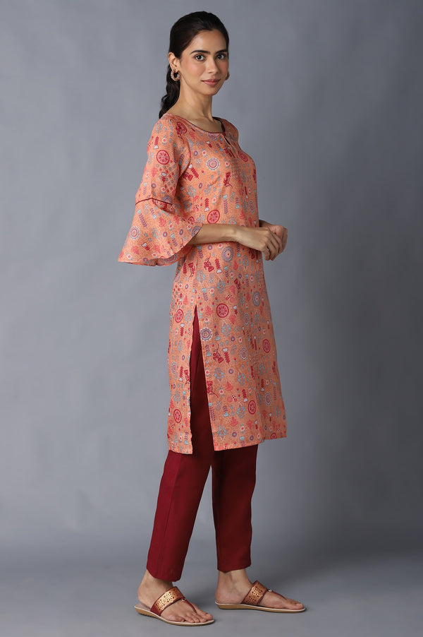 Aure Collection By Aurelia Peach Floral Printed kurta With Maroon Trousers