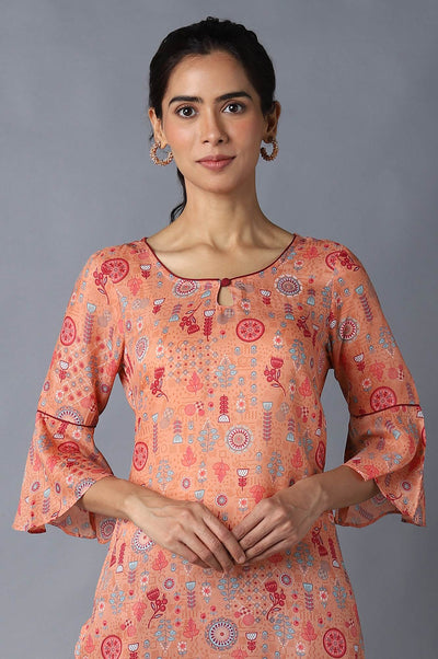 Aure Collection By Aurelia Peach Floral Print kurta With Off-White Trousers
