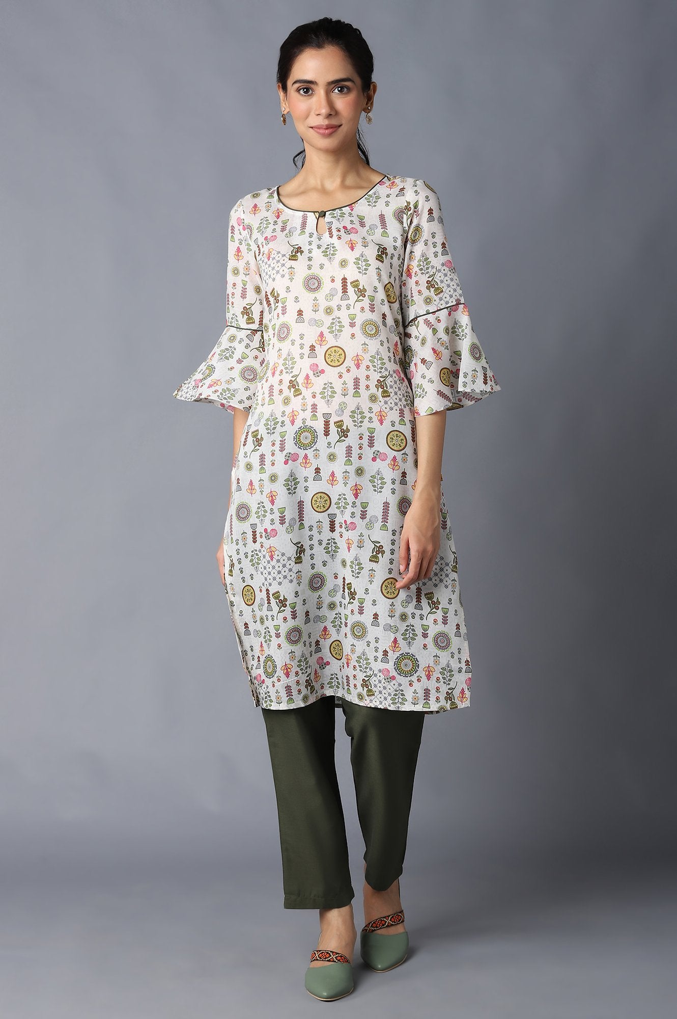 Aure Collection By Aurelia Natural Floral Print kurta With Olive Trousers