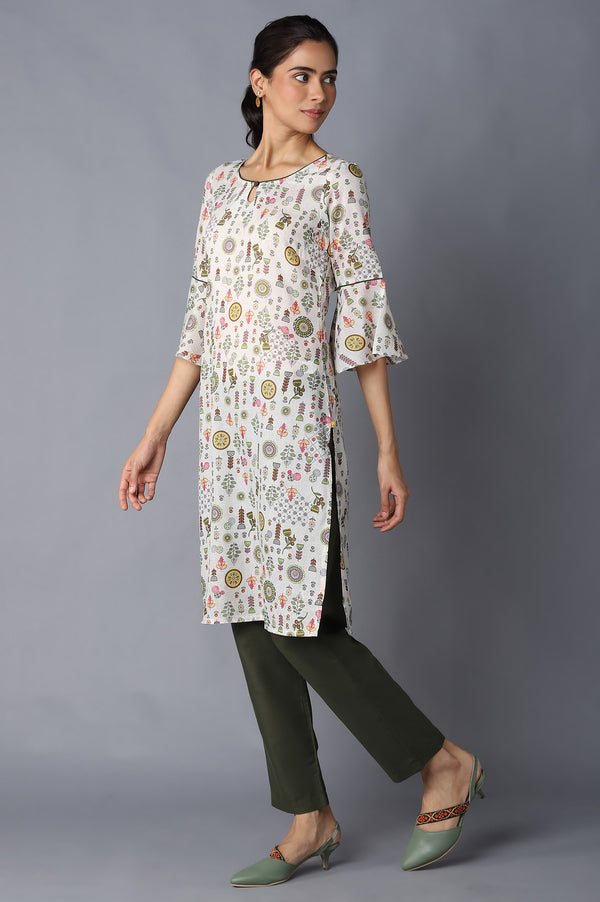 Aure Collection By Aurelia Natural Floral Print kurta With Olive Trousers