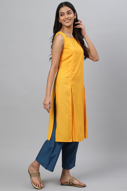 Yellow Front Pleated kurta With Blue Culottes