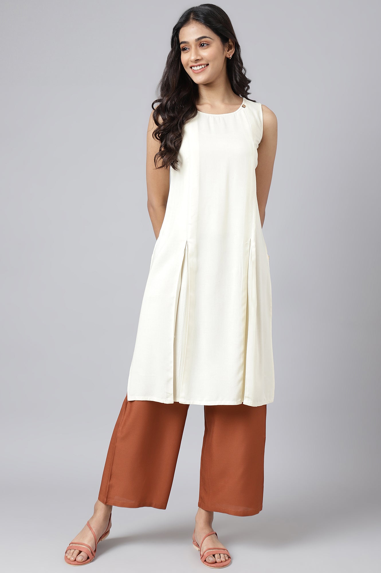 White Front Pleated kurta With Brown Culottes