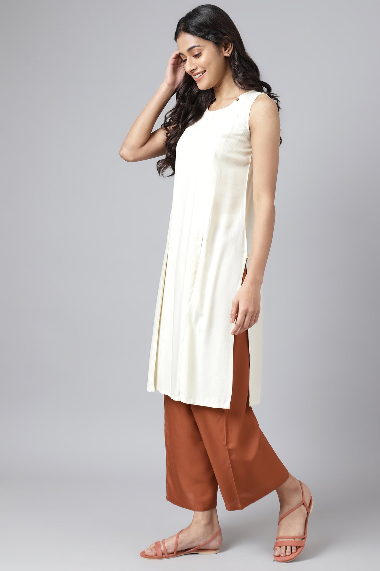 White Front Pleated kurta With Brown Culottes