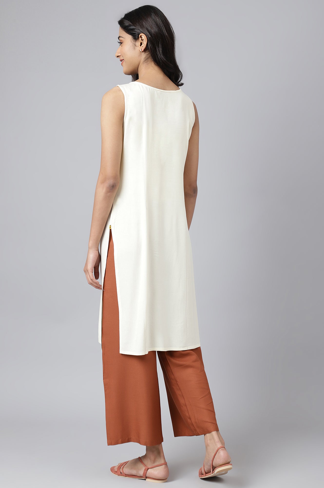 White Front Pleated kurta With Brown Culottes