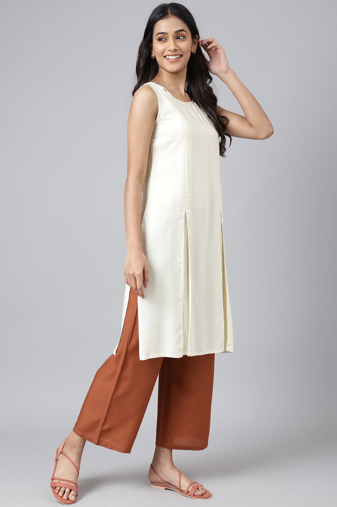 White Front Pleated kurta With Brown Culottes