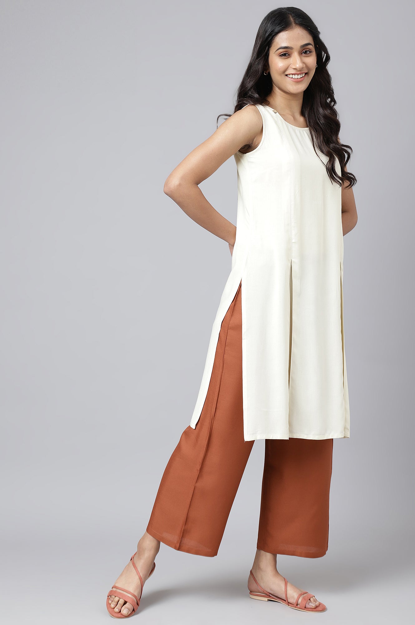 White Front Pleated kurta With Brown Culottes