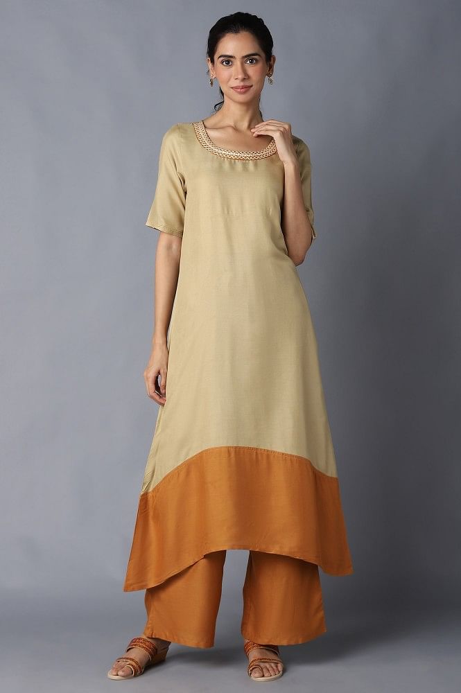 Aure Collection By Aurelia Beige And Tawny Olive Colour Block kurta With Palazzo Set - S