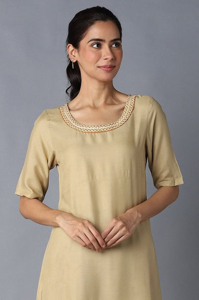 Aure Collection By Aurelia Beige And Tawny Olive Colour Block kurta With Palazzo Set