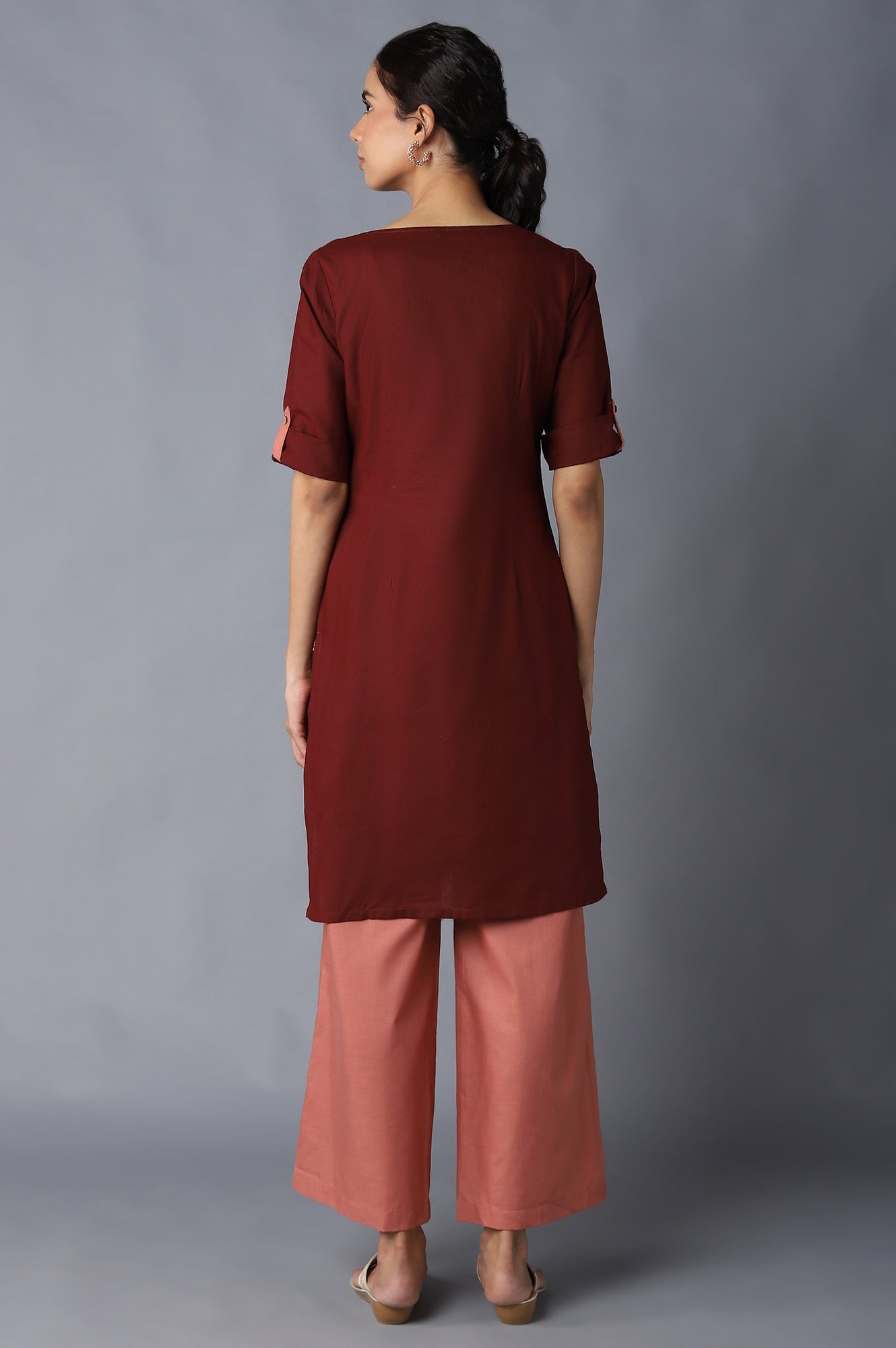 Aure Collection By Aurelia Red Solid Ethnic kurta With Peach Straight Palazzo