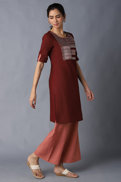 Aure Collection By Aurelia Red Solid Ethnic kurta With Peach Straight Palazzo