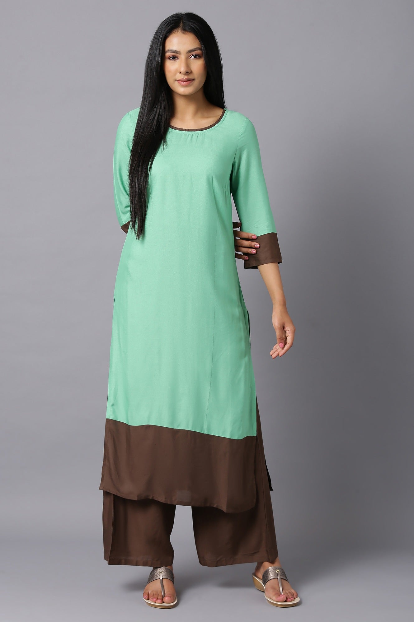 Aure Collection By Aurelia Green Round Neck kurta With Brown Palazzo