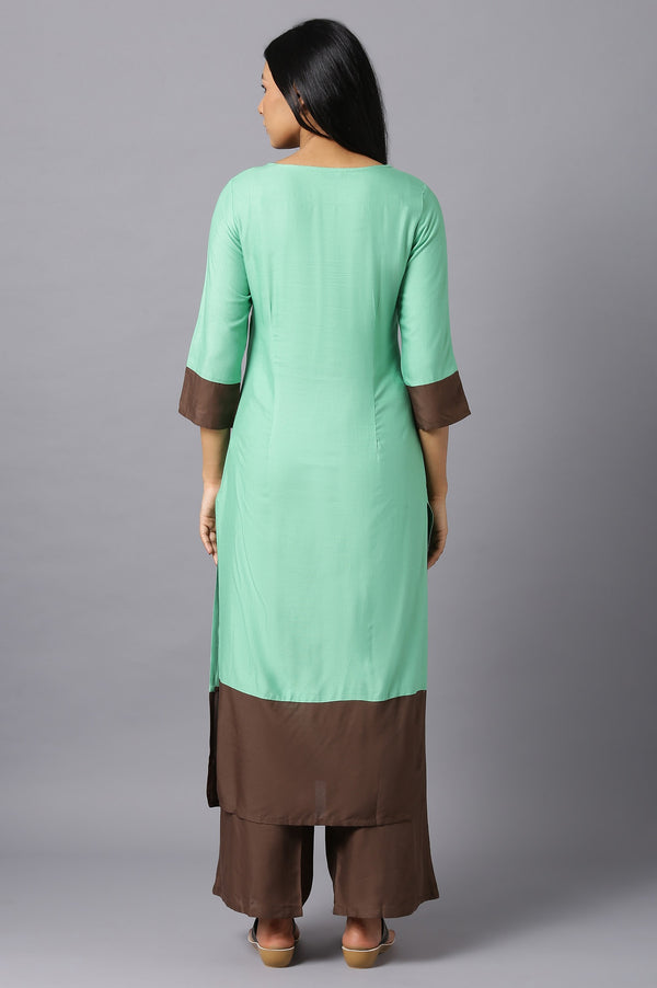 Aure Collection By Aurelia Green Round Neck kurta With Brown Palazzo