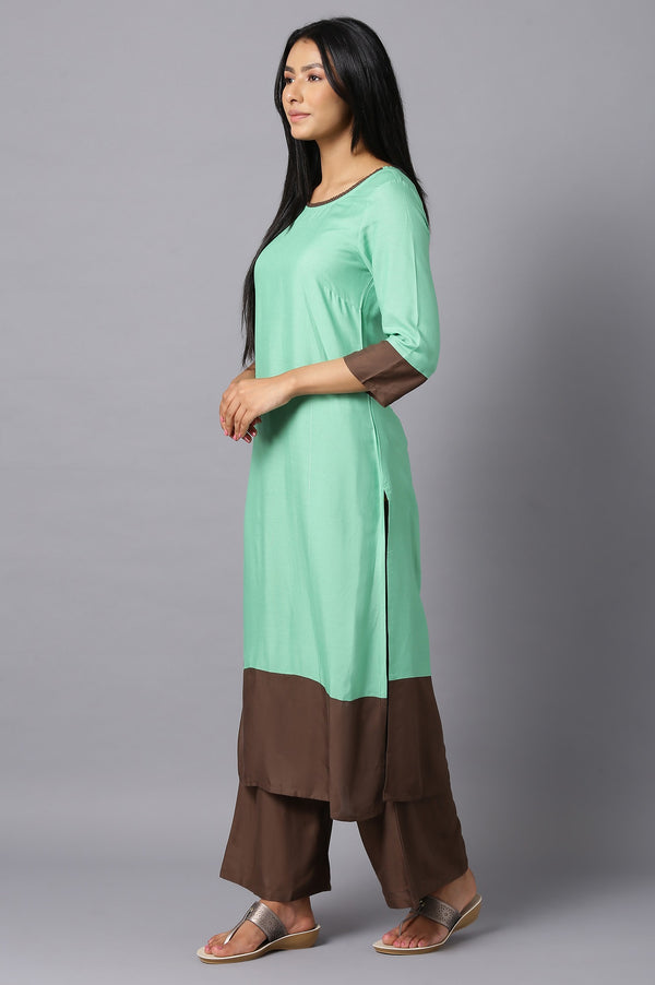 Aure Collection By Aurelia Green Round Neck kurta With Brown Palazzo