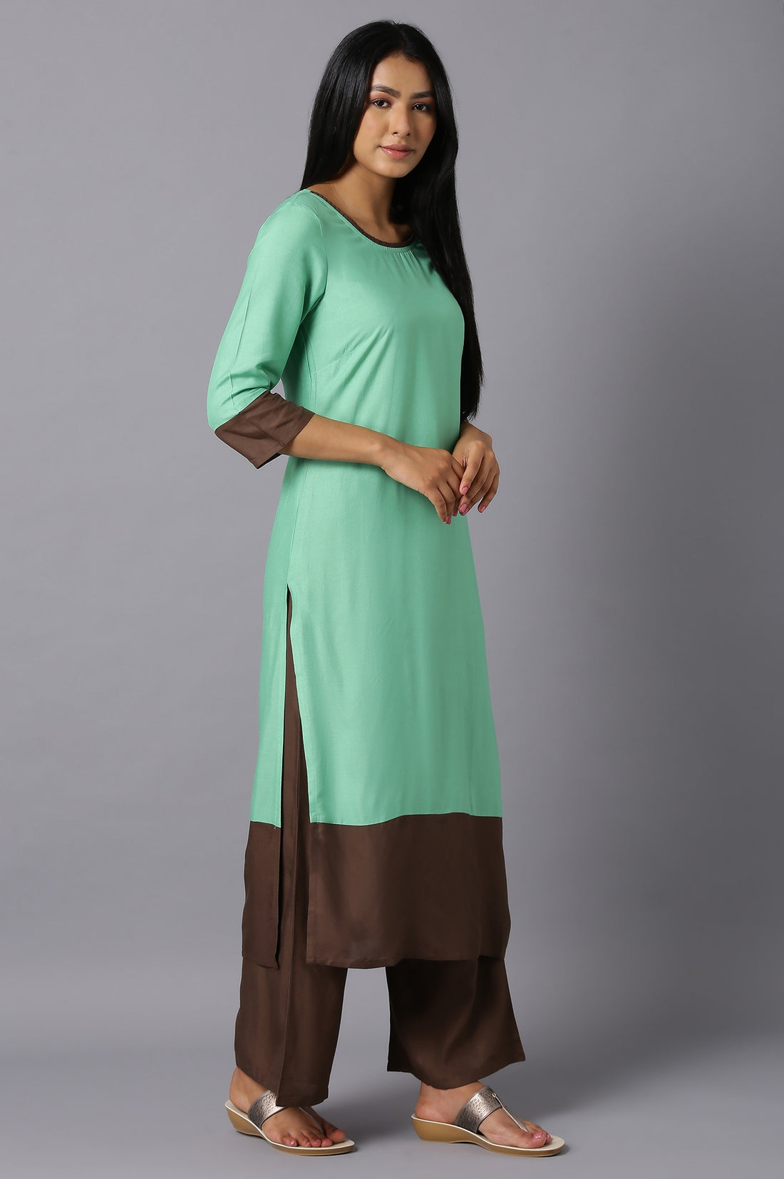 Aure Collection By Aurelia Green Round Neck kurta With Brown Palazzo