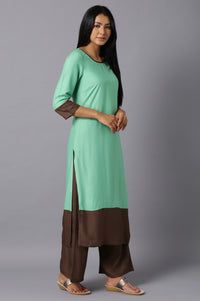 Aure Collection By Aurelia Green Round Neck kurta With Brown Palazzo