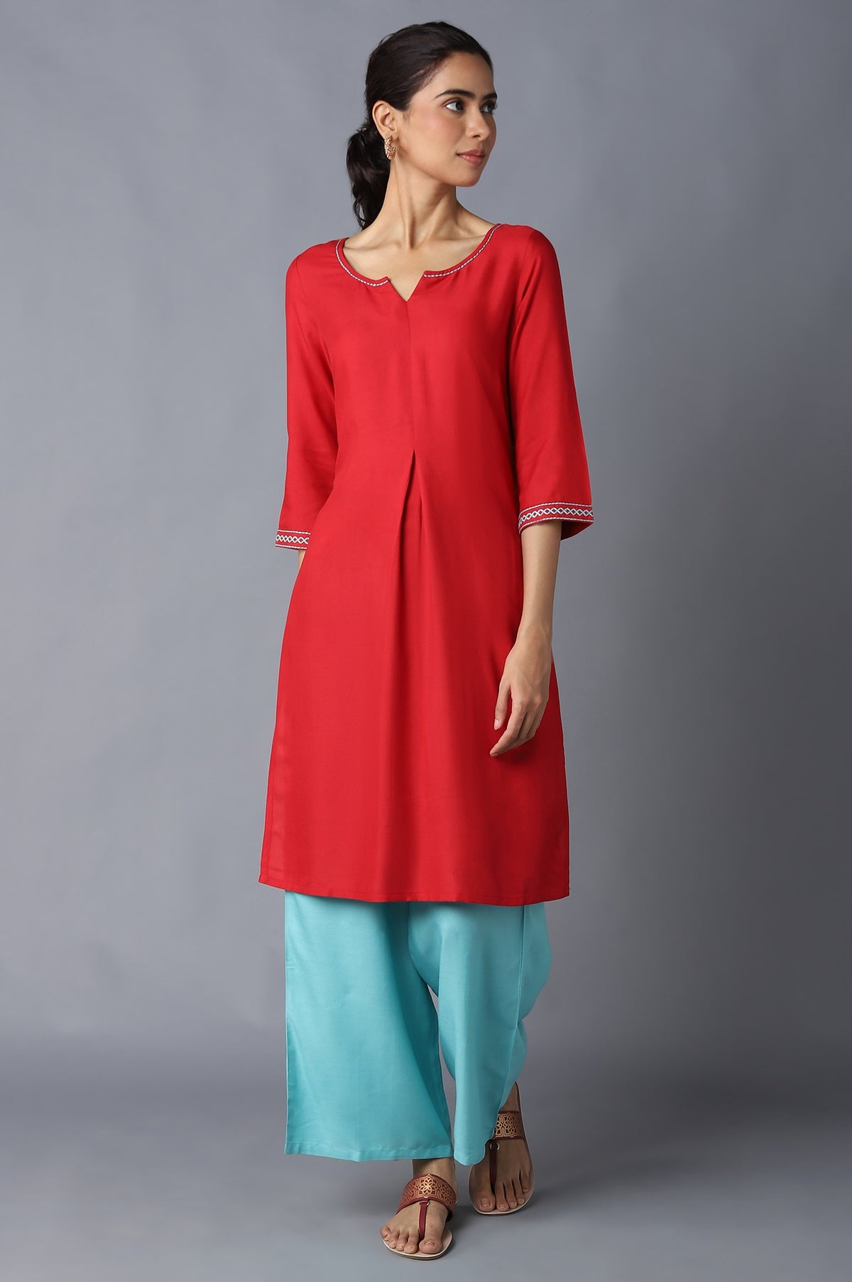 Aure Collection By Aurelia Red Solid Ethnic kurta With Light Teal Straight Palazzo - XS