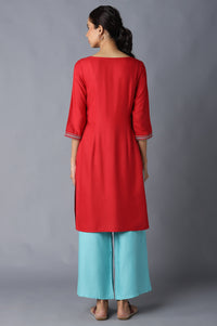 Aure Collection By Aurelia Red Solid Ethnic kurta With Light Teal Straight Palazzo