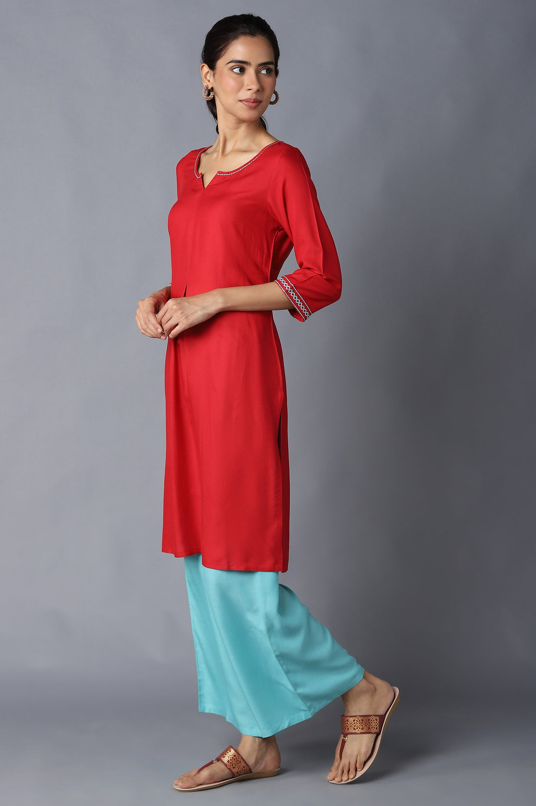Aure Collection By Aurelia Red Solid Ethnic kurta With Light Teal Straight Palazzo