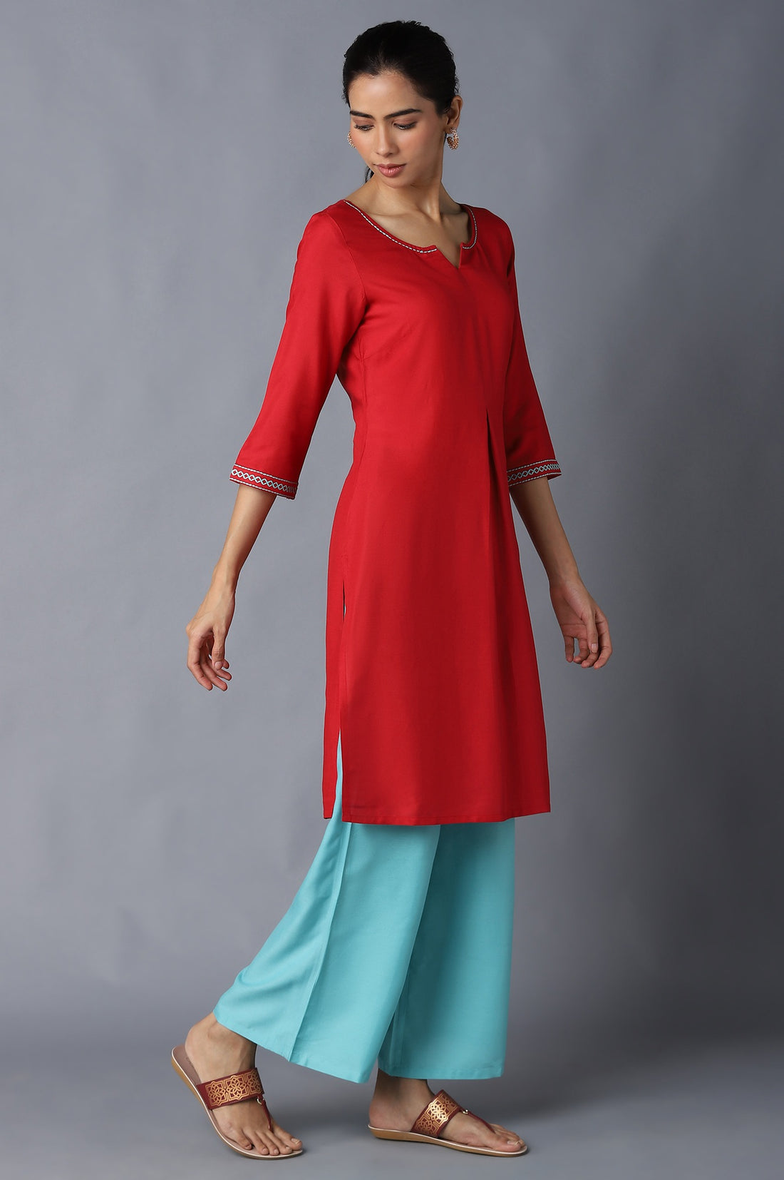 Aure Collection By Aurelia Red Solid Ethnic kurta With Light Teal Straight Palazzo