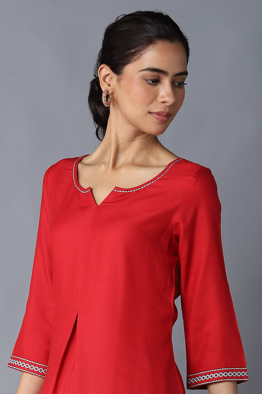 Aure Collection By Aurelia Red Solid Ethnic kurta With Light Teal Straight Palazzo