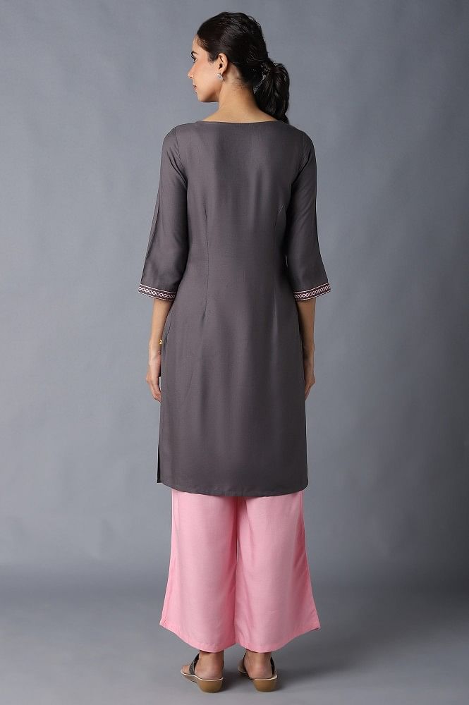 Aure Collection By Aurelia Grey Solid Ethnic kurta With Light Pink Straight Palazzo