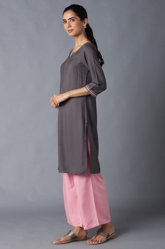 Aure Collection By Aurelia Grey Solid Ethnic kurta With Light Pink Straight Palazzo