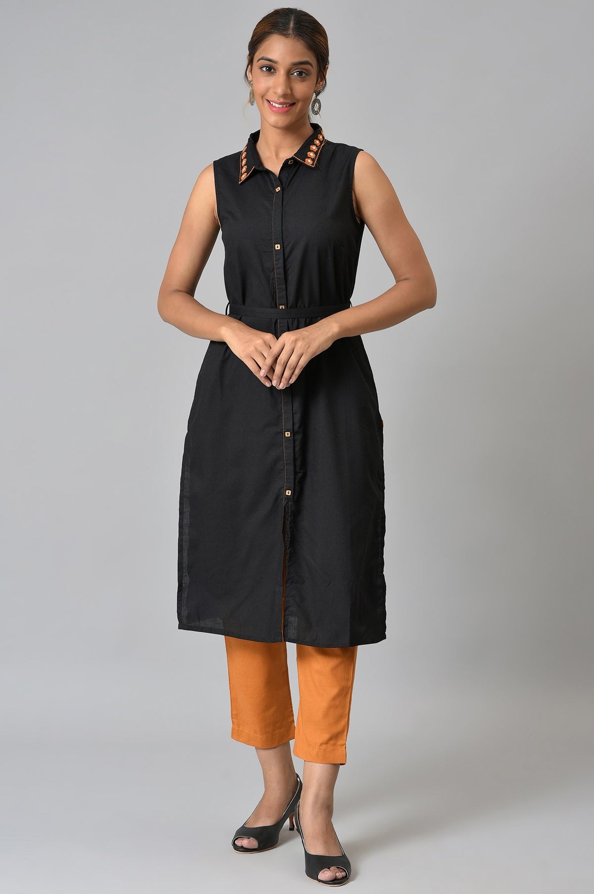 Black Shirt Collar kurta With Mustard Trousers - XS