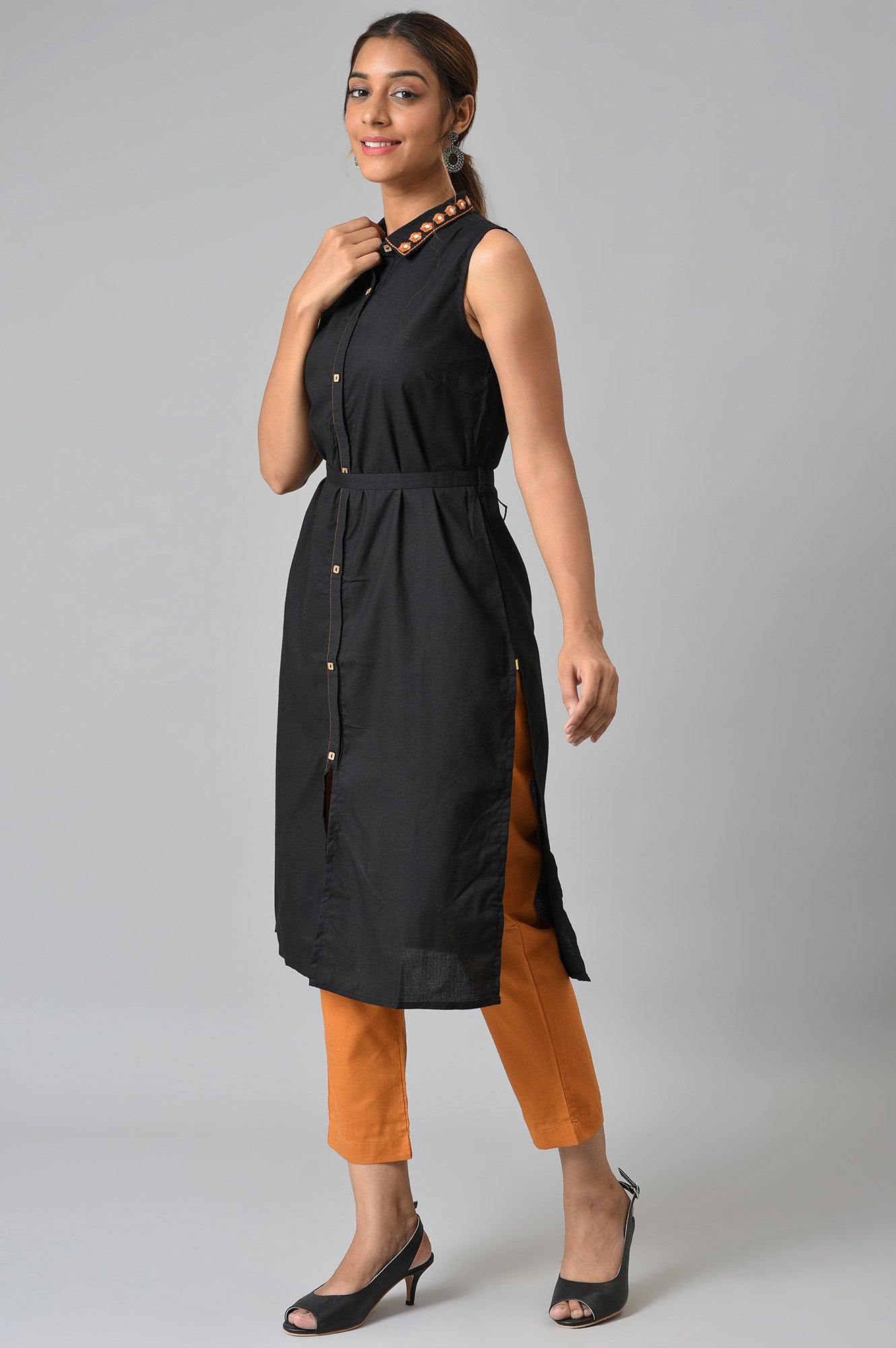 Black Shirt Collar kurta With Mustard Trousers