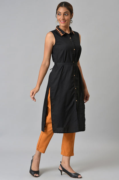 Black Shirt Collar kurta With Mustard Trousers