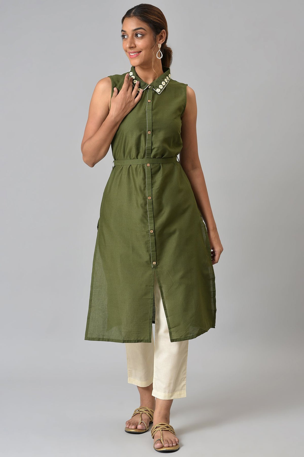 Olive Shirt Collar kurta With Beige Trousers - XS