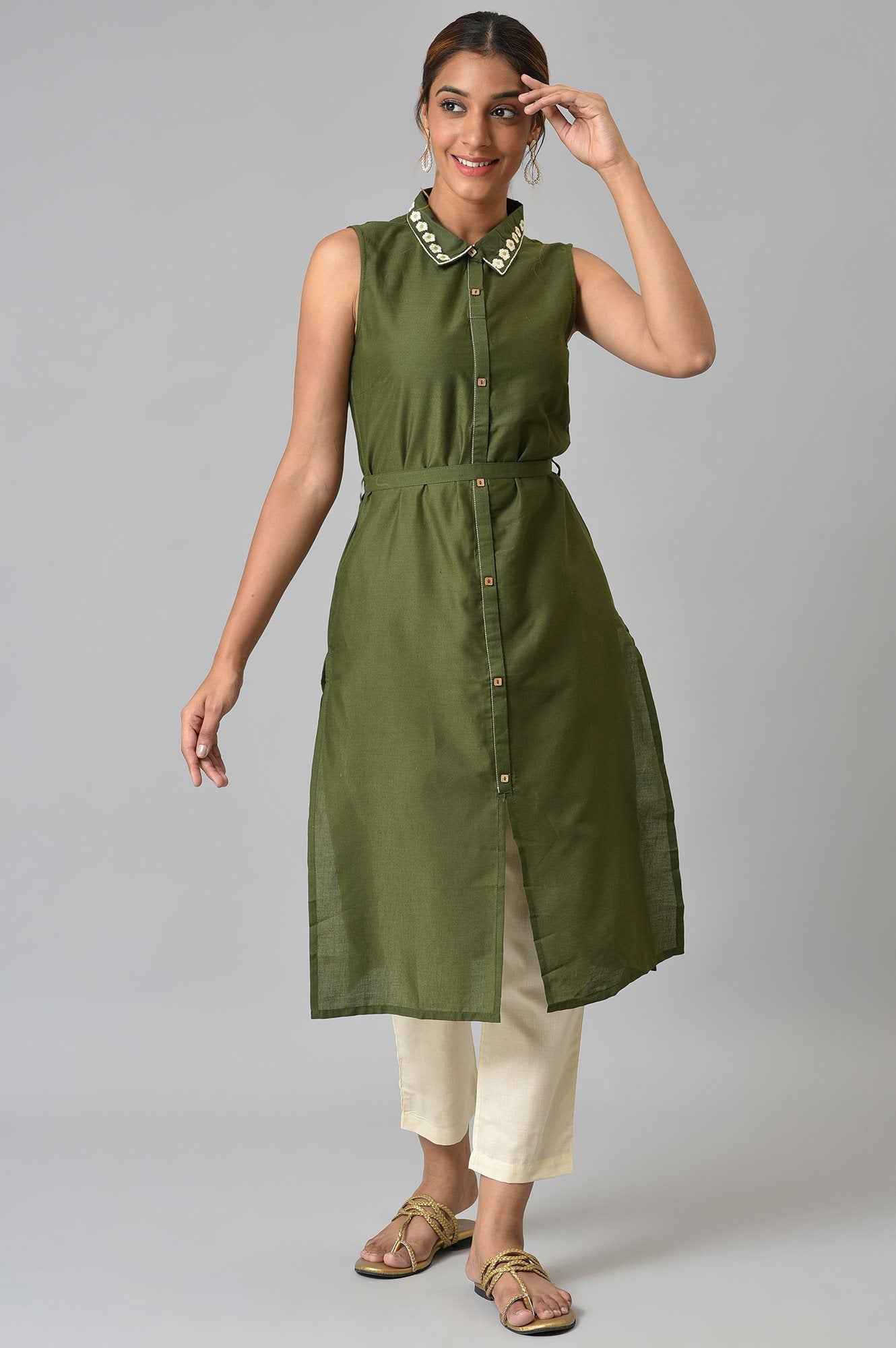 Olive Shirt Collar kurta With Beige Trousers