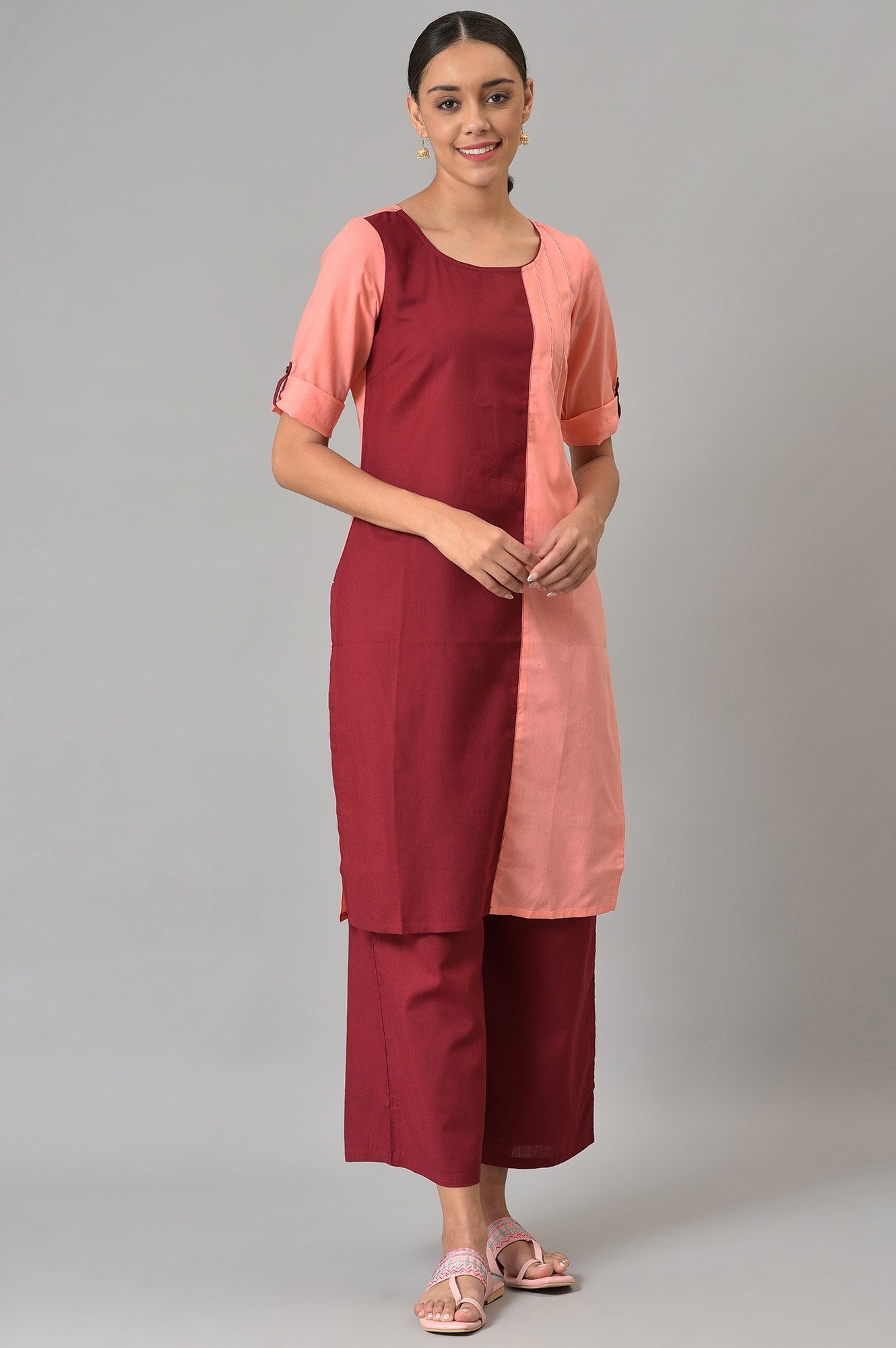 Pink And Maroon Colour Block kurta With Straight Palazzo