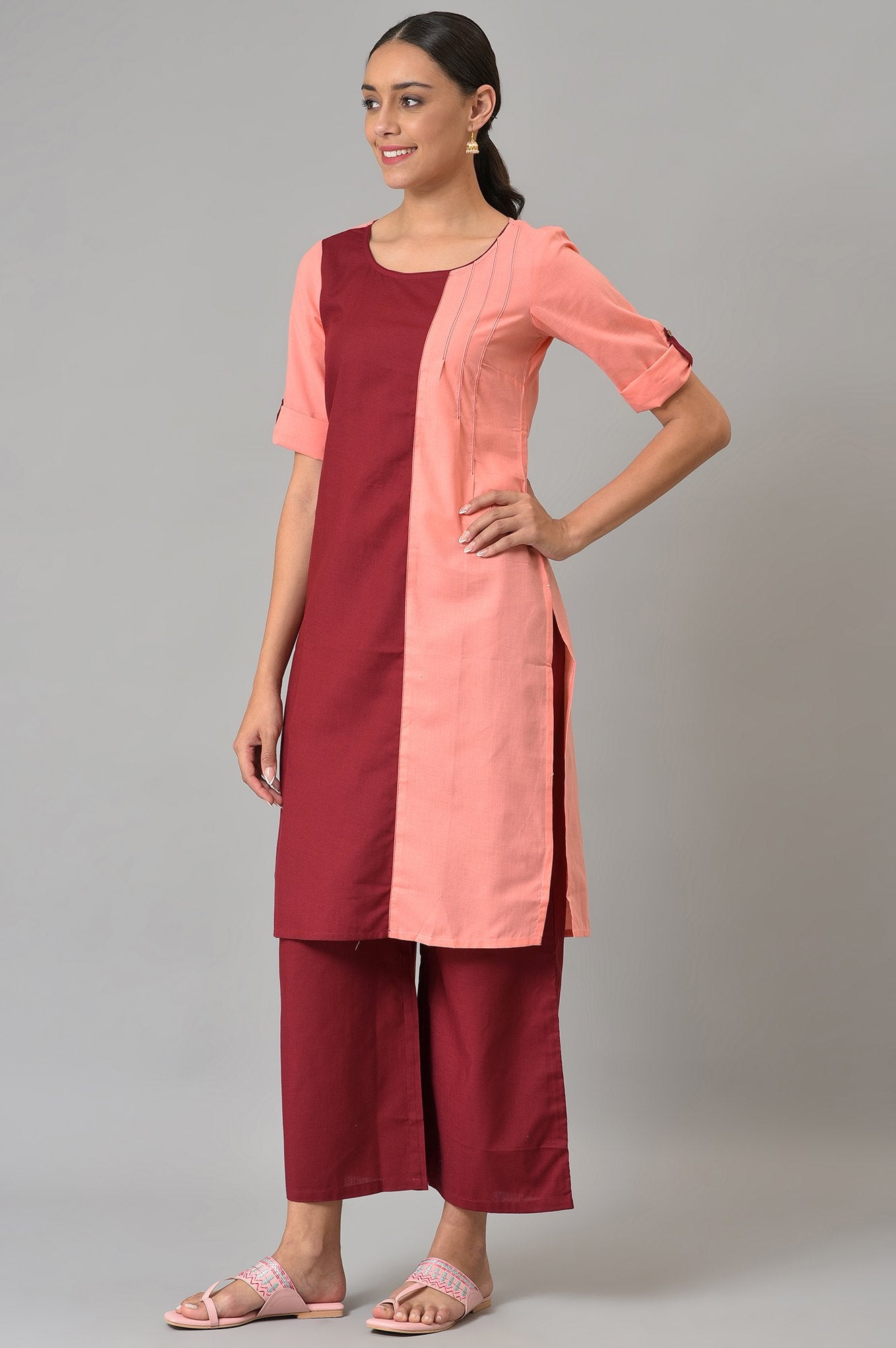 Pink And Maroon Colour Block kurta With Straight Palazzo