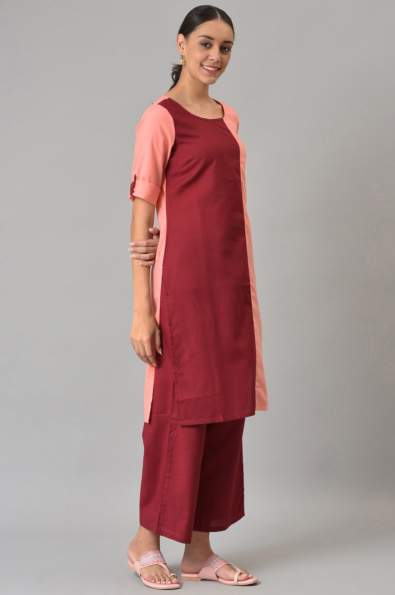 Pink And Maroon Colour Block kurta With Straight Palazzo