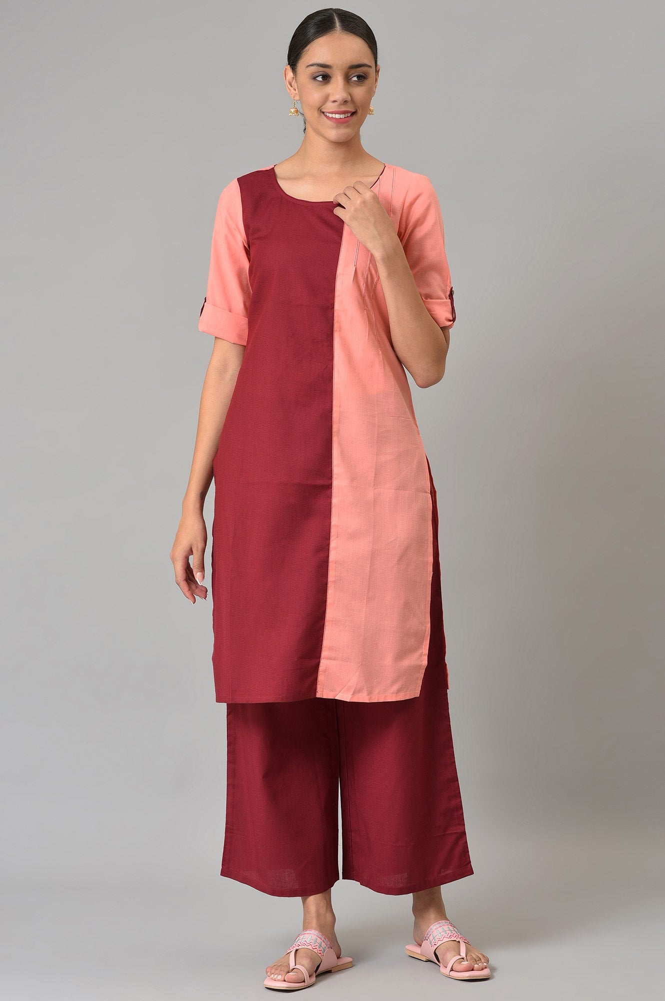 Pink And Maroon Colour Block kurta With Straight Palazzo