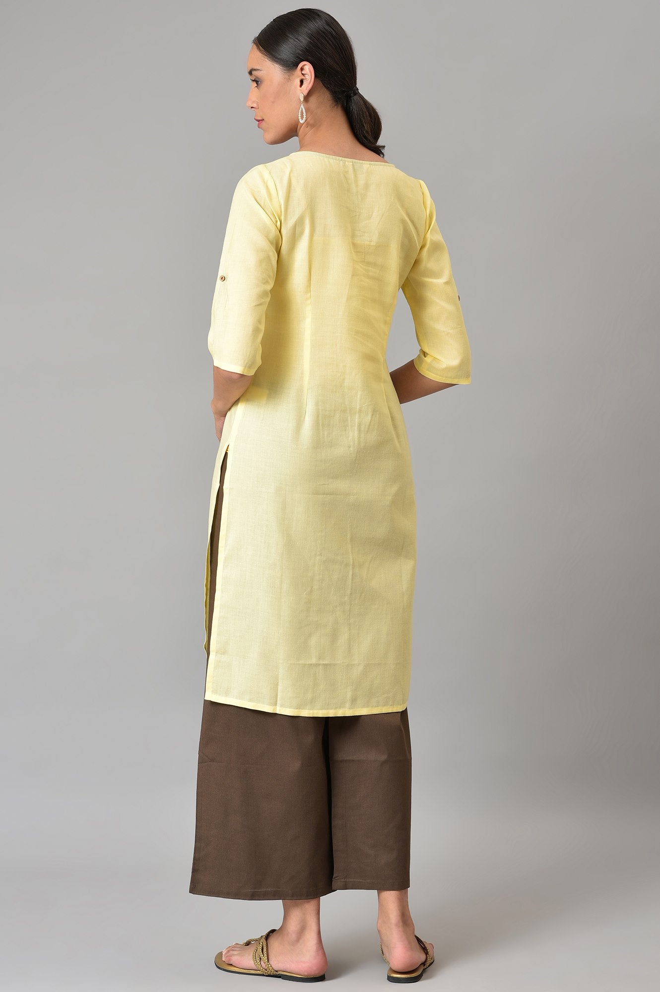 Yellow And Brown Colour Block kurta With Straight Palazzo