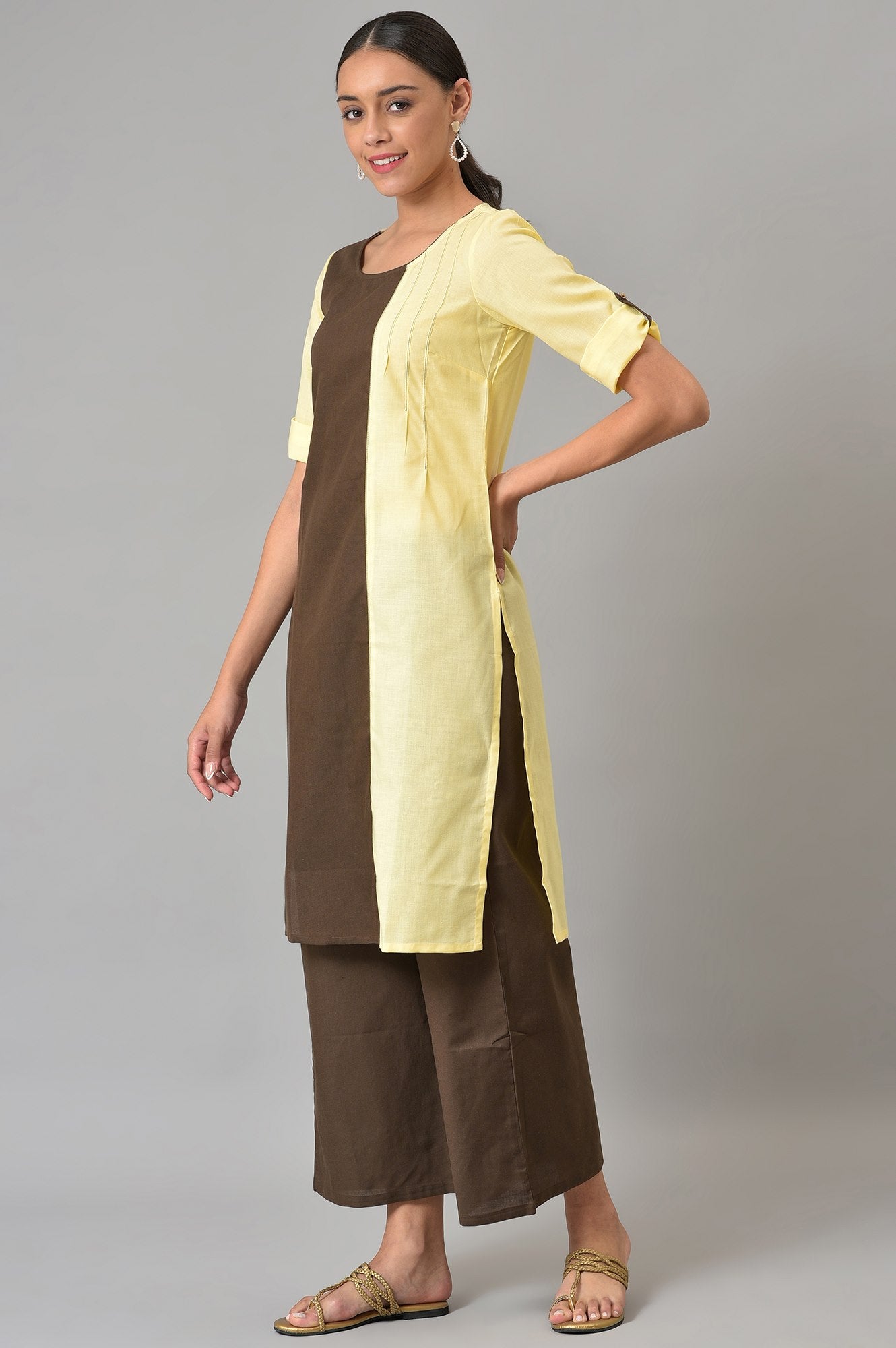 Yellow And Brown Colour Block kurta With Straight Palazzo