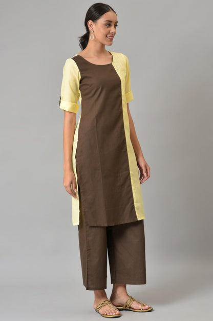 Yellow And Brown Colour Block kurta With Straight Palazzo