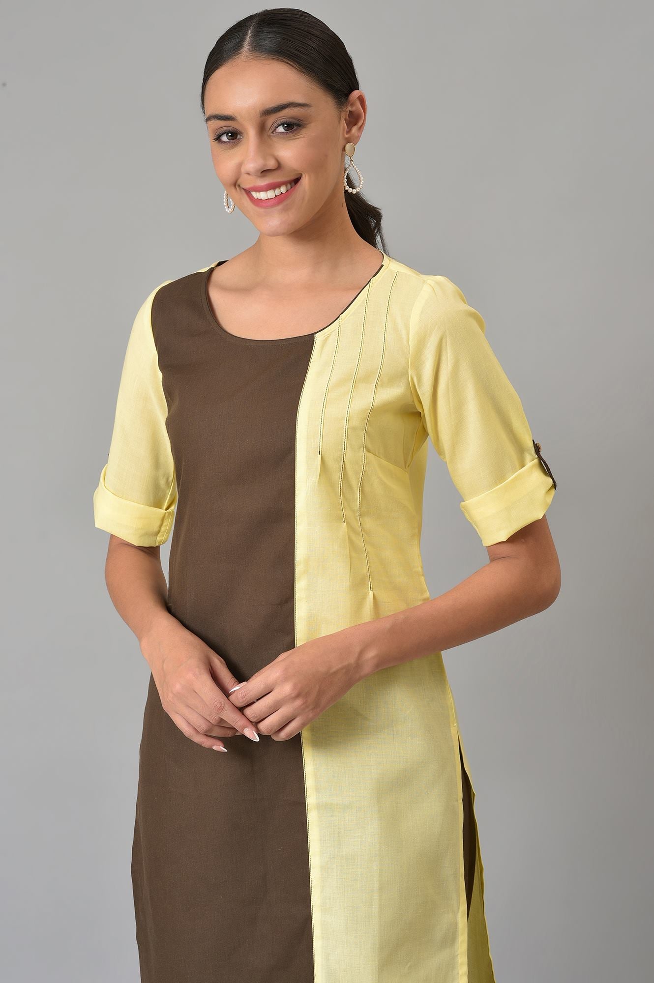 Yellow And Brown Colour Block kurta With Straight Palazzo