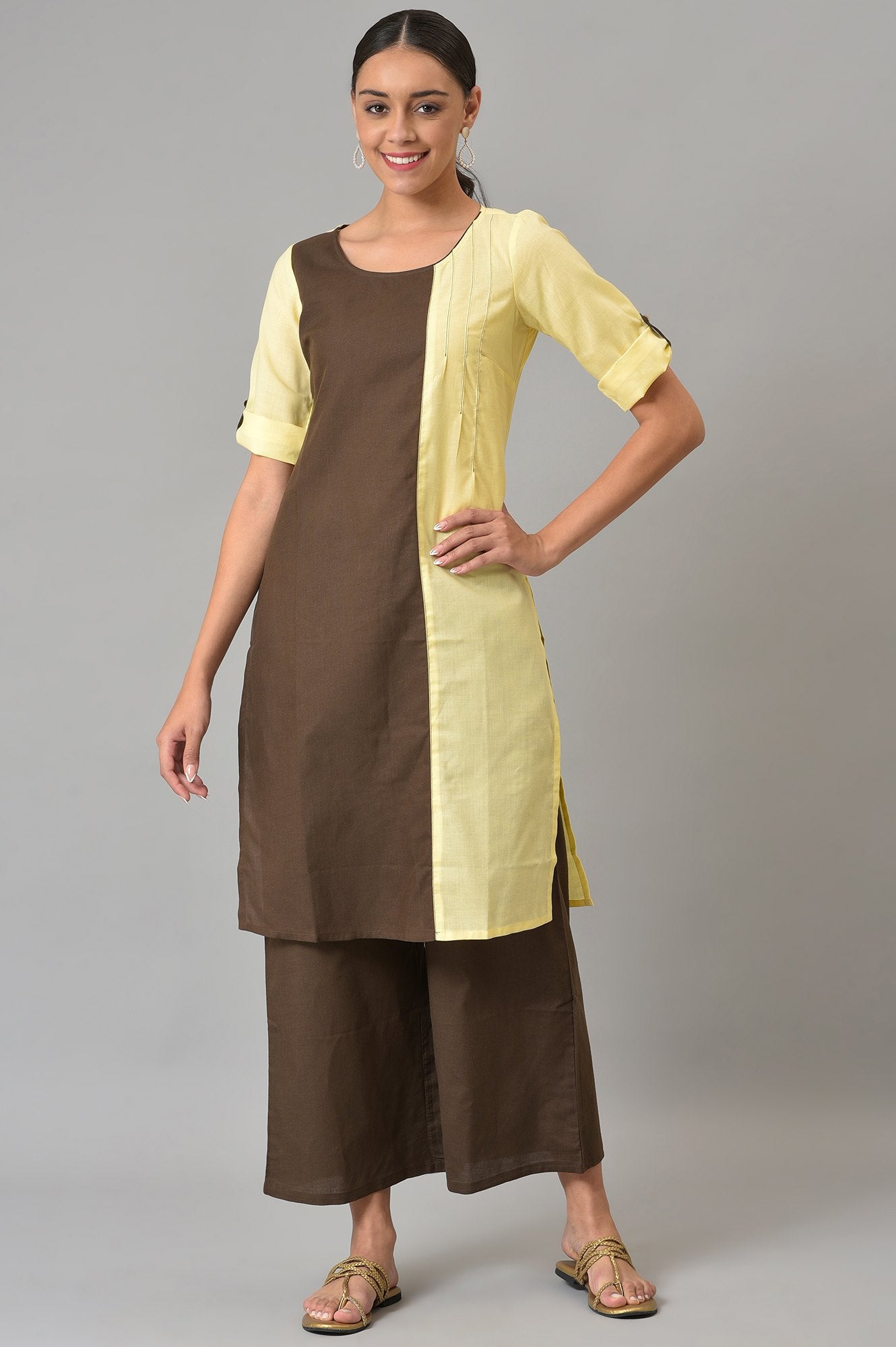 Yellow And Brown Colour Block kurta With Straight Palazzo