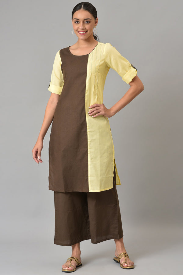 Yellow And Brown Colour Block kurta With Straight Palazzo