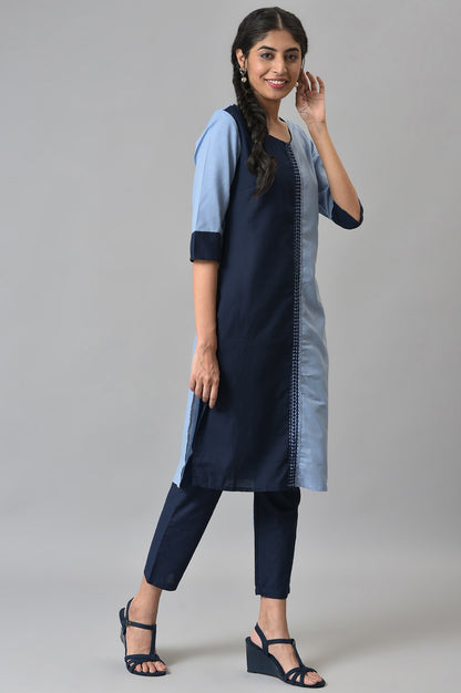 Blue Colour Block kurta With Trousers