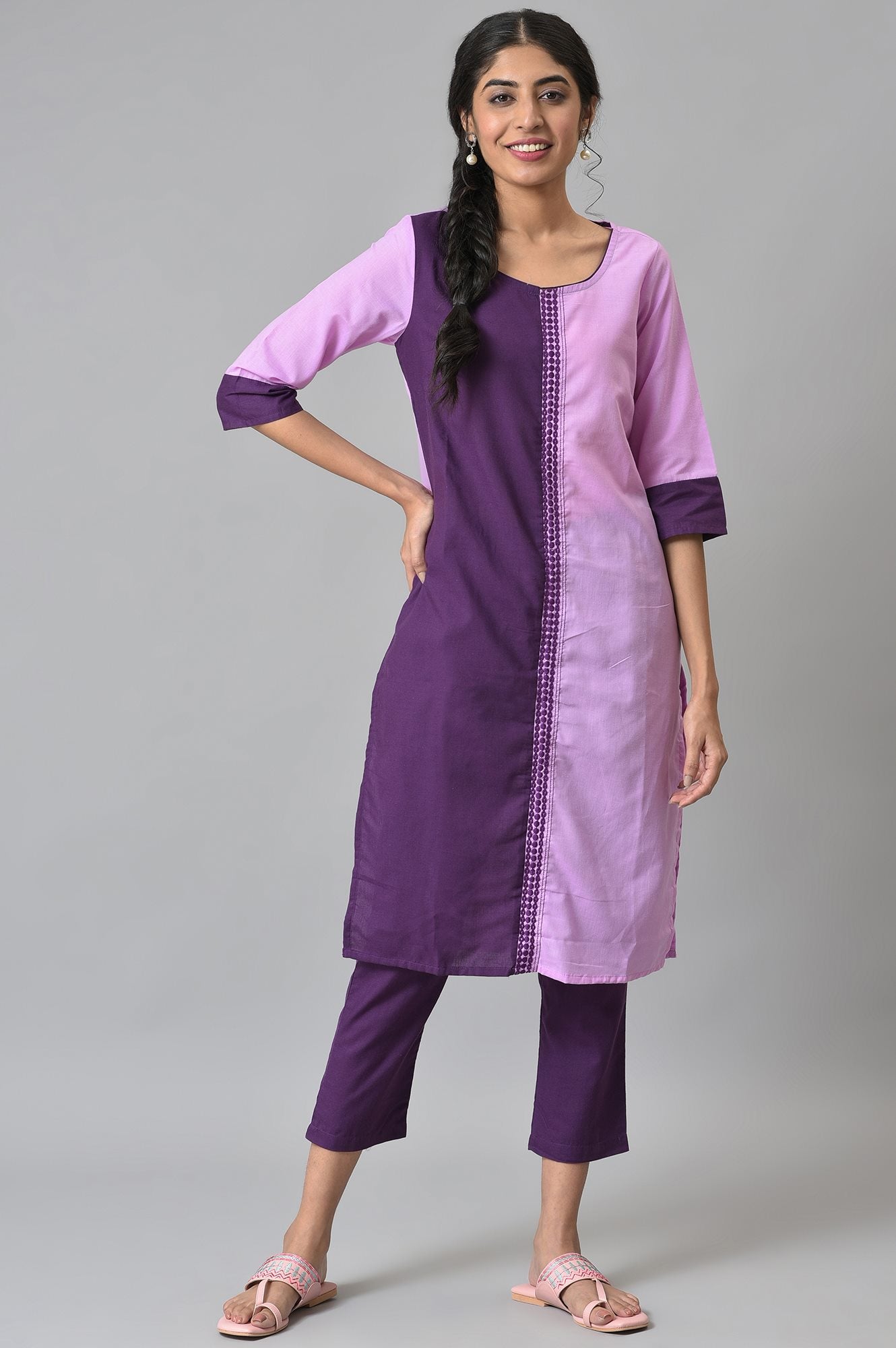 Purple Colour Block kurta With Trousers