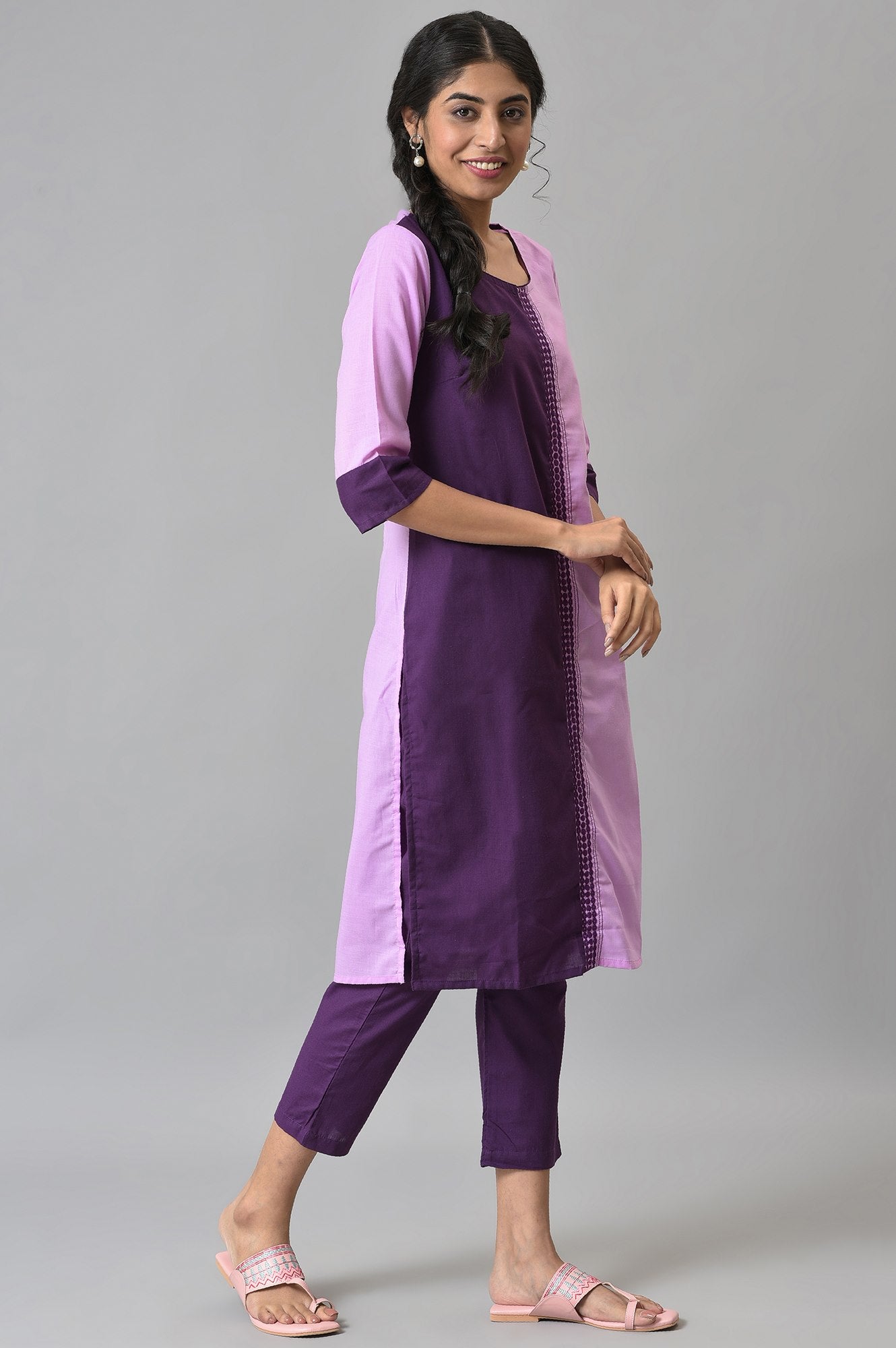 Purple Colour Block kurta With Trousers